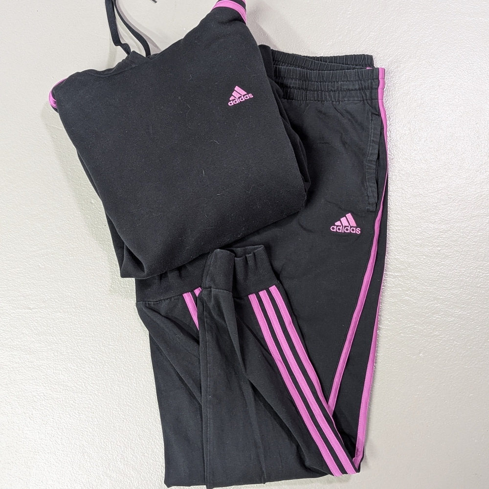 Adidas Women's Large Black Joggers with Pink Stripes & Matching Hoodie Set